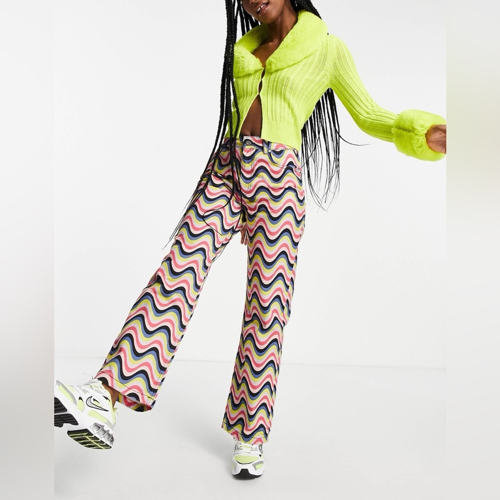 The Ragged Priest Multi-Color Wavy Print Wide Leg Pants